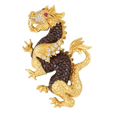 Lot 434 - Gold, Carved Wood, Diamond and Ruby Dragon Clip-Brooch, Van Cleef & Arpels