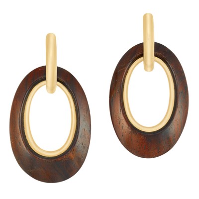 Lot 432 - Pair of Gold and Wood Hoop Pendant-Earclips, Van Cleef & Arpels