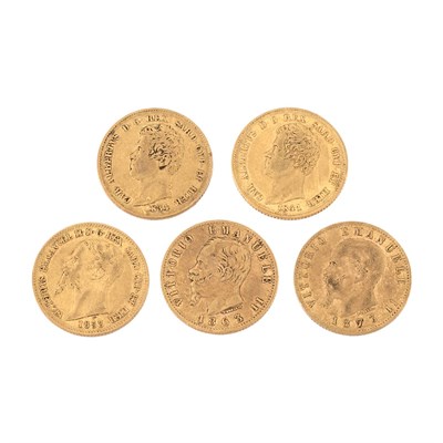 Lot 1078 - Italy, Five 20 Lire Gold Comprising Italy 1855,...