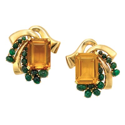 Lot 379 - Pair of Gold, Citrine and Cabochon Emerald Brooches