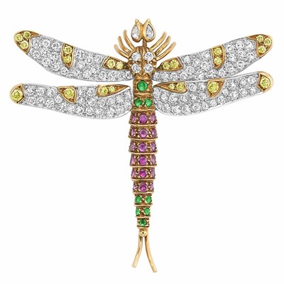 Lot 105 - Two-Color Gold, Diamond, Yellow Diamond and Gem-Set Dragonfly 'En Tremblant' Brooch