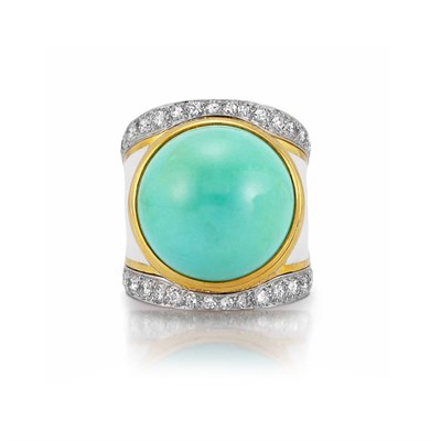 Lot 284 - Gold, Platinum, Turquoise, Diamond and White Enamel Band Ring