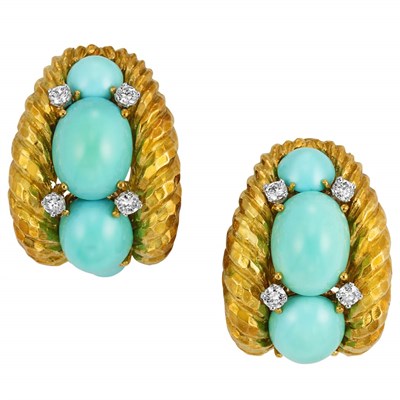 Lot 285 - Pair of Gold, Turquoise and Diamond Bombe Earclips, David Webb