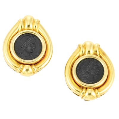 Lot 154 - Pair of Gold and Medallion Earclips