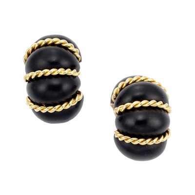 Lot 613 - Pair of Gold and Wood Shrimp Earclips, Seaman Schepps