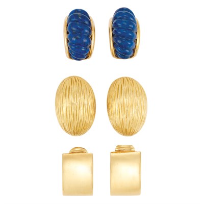 Lot 9 - Pair of Gold and Fluted Lapis Earclips and Two Pairs of Gold Earclips, Tiffany & Co.