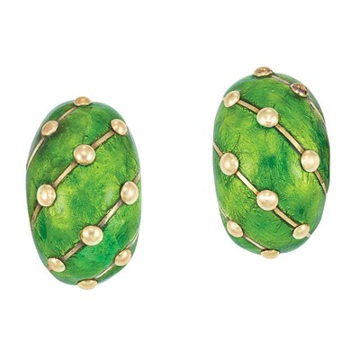 Lot 405 - Pair of Gold and Lime Green Enamel Bombe Half-Hoops Earclips, Tiffany & Co., Schlumberger