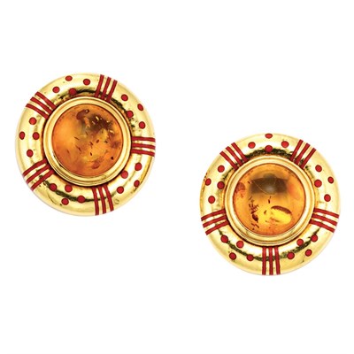 Lot 165 - Pair of Gold, Cabochon Amber and Red Enamel Earclips