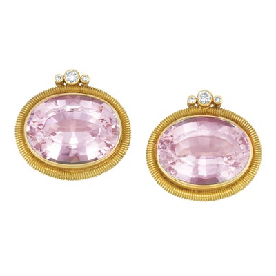 Lot 3 - Pair of Gold, Kunzite and Diamond Earclips