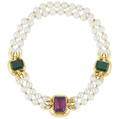 Lot 125 - Double Strand Cultured Pearl, Gold, Amethyst and Tourmaline Necklace