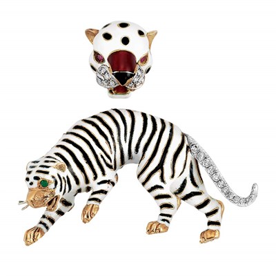 Lot 250 - Gold, Enamel and Diamond Tiger Clip-Brooch and Leopard Clip