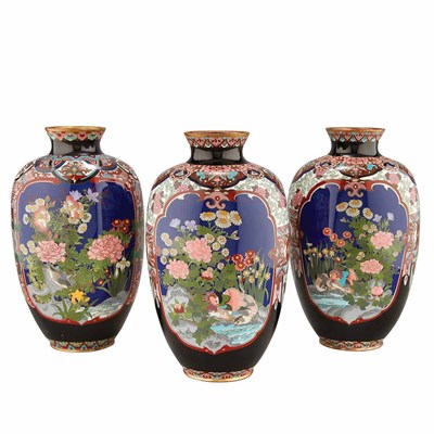 Lot 444 - Set of Three Japanese Cloisonne Vases Height...