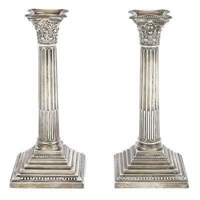 Lot 1323 - Pair of English Silver Columnar Candlesticks...