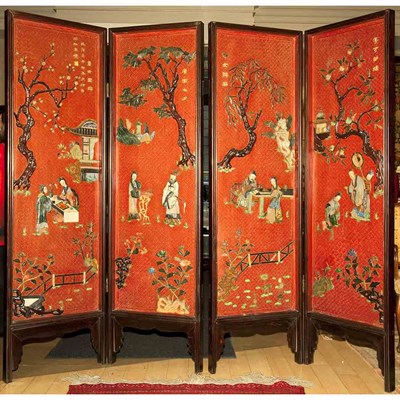 Lot 1487 - Chinese Hardstone Inlaid Four-Panel Screen...