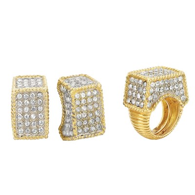 Lot 1172 - Pair of Gold-Plated Metal and Rhinestone Earclips and Ring