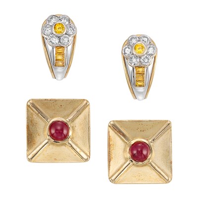 Lot 213 - Two Pairs of Gold, Diamond and Gem-Set Earclips, Chaumet and Andrew Clunn