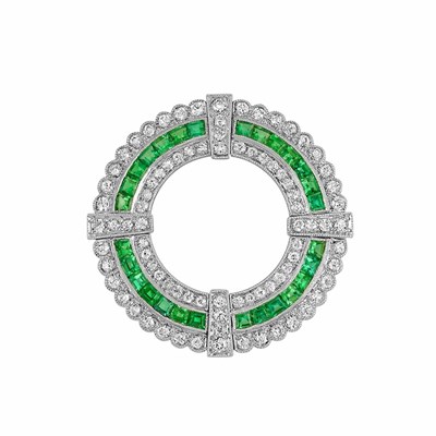 Lot 490 - Platinum, Diamond and Emerald Circle Pin