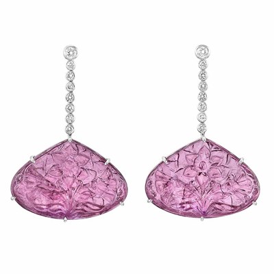 Lot 234 - Pair of White Gold, Diamond and Carved Pink Tourmaline Pendant-Earrings