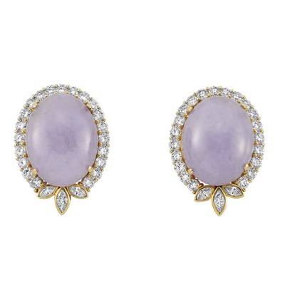 Lot 1 - Pair of Gold, Lavender Jade and Diamond Earclips, Trio