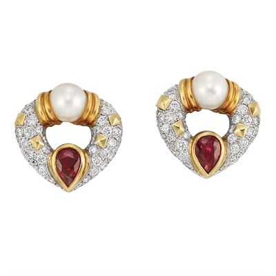 Lot 214 - Pair of Gold, Platinum, Diamond, Cultured Pearl and Ruby Earclips