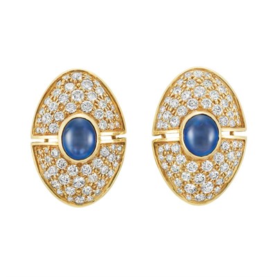 Lot 104 - Pair of Gold, Cabochon Sapphire and Diamond Earclips