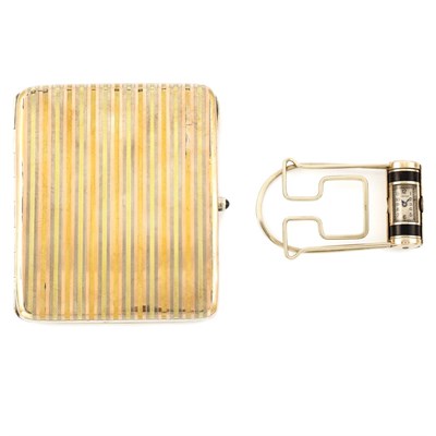 Lot 566 - Sterling Silver and Rose and Yellow Gold Case and White Gold and Black Enamel Watch/Money Clip, Cartier