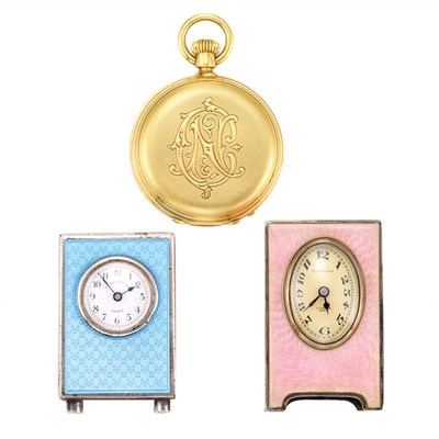 Lot 840 - Two Silver and Guilloche Enamel Miniature Clocks and Gold Hunting Case Pocket Watch