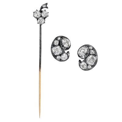 Lot 46 - Pair of Antique Diamond Clips and Stick Pin