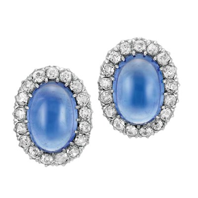 Lot 355 - Pair of Antique Silver, Cabochon Synthetic Sapphire and Diamond Clips