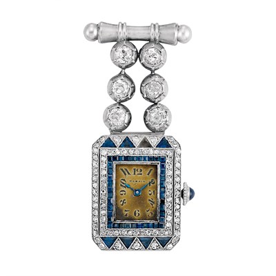 Lot 56 - Art Deco Platinum, White Gold, Diamond and Sapphire Lapel Watch, Mappin