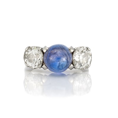 Lot 350 - Platinum, Cabochon Sapphire and Diamond Ring