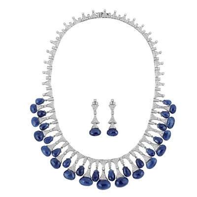 Lot 162 - White Gold, Diamond and Sapphire Briolette Fringe Necklace and Pair of Pendant-Earrings