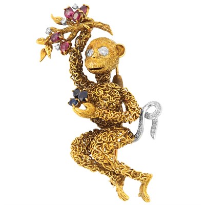 Lot 652 - Gold, Platinum, Diamond, Ruby and Sapphire Monkey Brooch