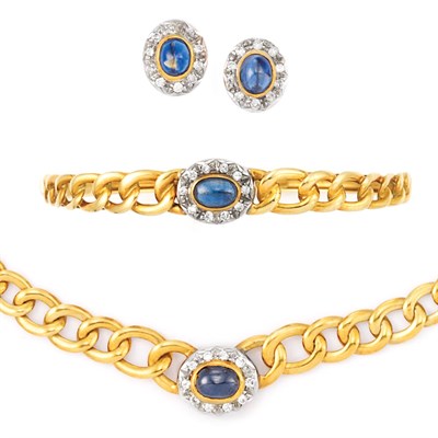Lot 744 - Suite of Gold, Cabochon Sapphire and Diamond Jewelry