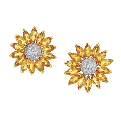 Lot 10 - Pair of Gold, Citrine and Diamond Flower Earrings