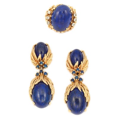 Lot 41 - Pair of Gold and Lapis Pendant-Earrings and Ring