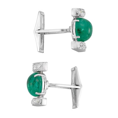 Lot 166 - Pair of White Gold, Cabochon Emerald and Diamond Cufflinks