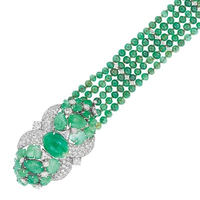 Lot 501 - Five Strand Emerald Bead and Diamond Bracelet with Carved and Cabochon Emerald and Diamond Clasp