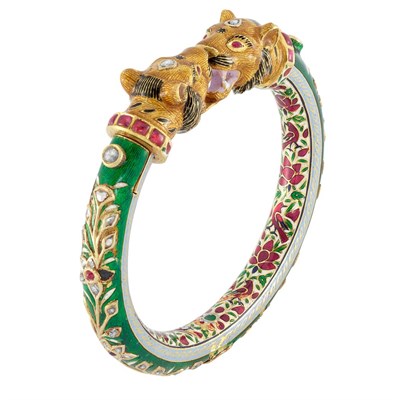 Lot 181 - Indian Gold, Enamel, Jaipur Enamel, Foiled-Back Diamond and Cabochon Ruby Bangle Bracelet