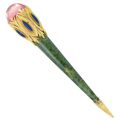 Lot 267 - Gold, Nephrite, Cabochon Rose Quartz and Lapis Scepter