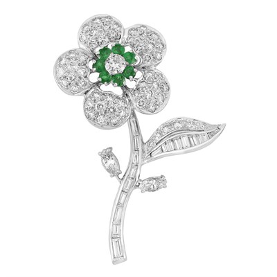 Lot 164 - Platinum, Diamond and Emerald Flower Brooch