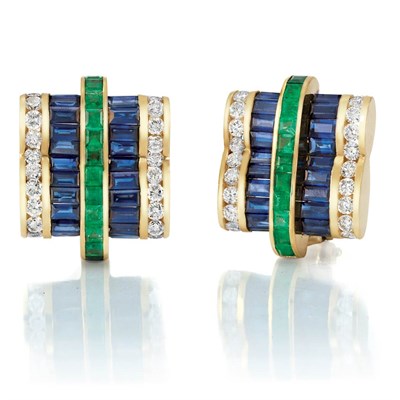 Lot 419 - Pair of Gold, Diamond, Emerald and Sapphire Earclips, Krypell