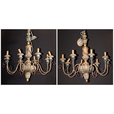 Lot 468 - Pair of Painted Wood Eight-Light Chandeliers...
