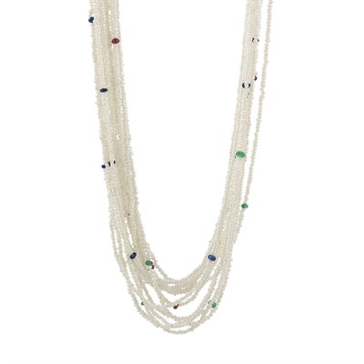Lot 170 - Fourteen Strand Freshwater Pearl and Colored Stone Bead Necklace with Gold Clasp