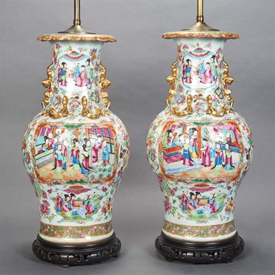 Lot 411 - Pair of Famille Rose Glazed Porcelain Lamps...
