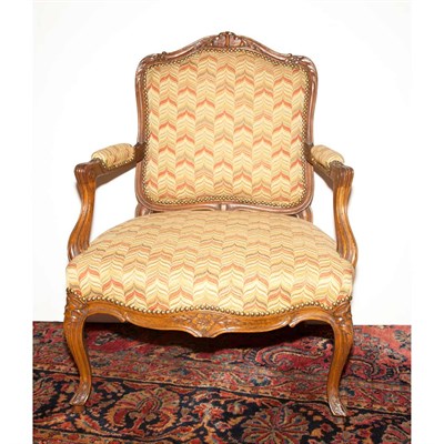Lot 388 - Pair of Louis XV Style Fruitwood Fauteuils...