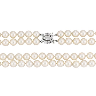Lot 219 - Long Double Strand Cultured Pearl Necklace with Diamond Clasp
