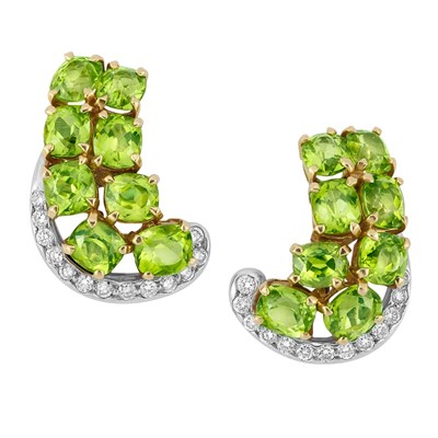 Lot 271 - Pair of Two-Color Gold, Peridot and Diamond Earclips, Seaman Schepps