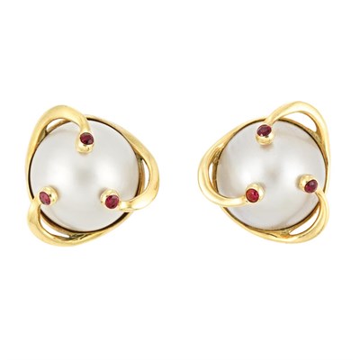 Lot 123 - Pair of Gold, Mabe Pearl and Ruby Earclips