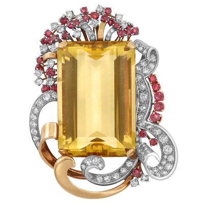 Lot 116 - Two-Color Gold, Citrine, Diamond and Ruby Clip